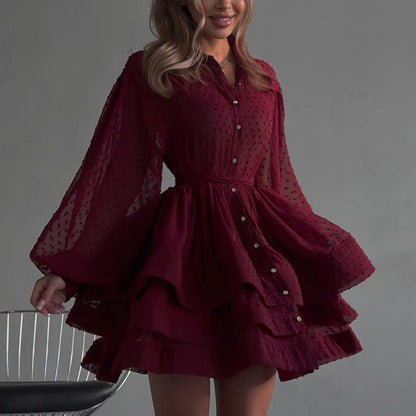 Short A Word Dress Women Elegant Collared Long Sleeve Single Breasted Lace up Shirt Dress by Ragazza