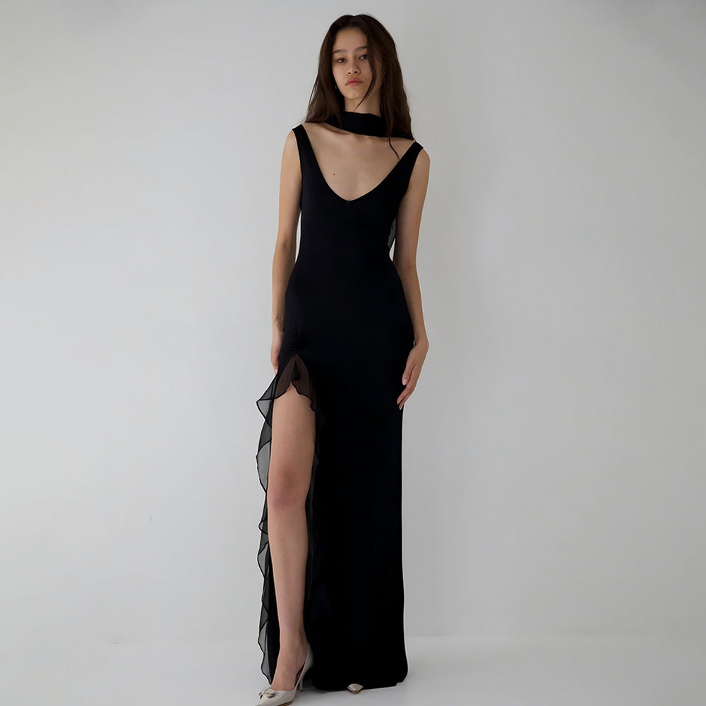 Summer Elegant Ribbon Women Dress Sexy Backless High Slit Ruffled Slim Dress by Ragazza