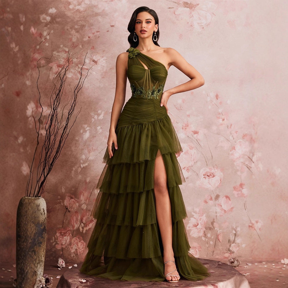Long Elegant Oblique Shoulder Cocktail Party Dinner Dress Luxury Slit Bridesmaid Graduation Dress Tiered Dress by Ragazza