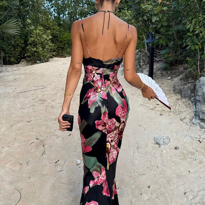 French Women Clothing V neck Strap Slim Fit Figure Flattering Maxi Dress Vintage Printed Court Advanced Dress by Ragazza