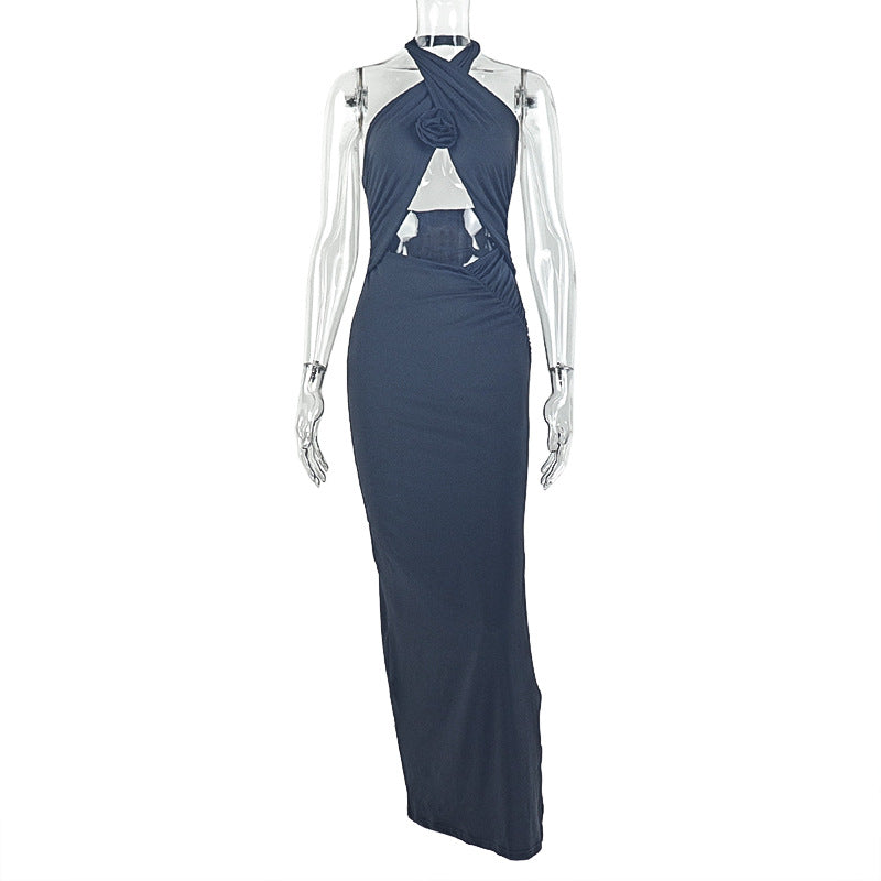 Women Clothing Hollowed Split Pleated Backless Hip Dress Cross Halterneck Solid Color Length Dress by Ragazza