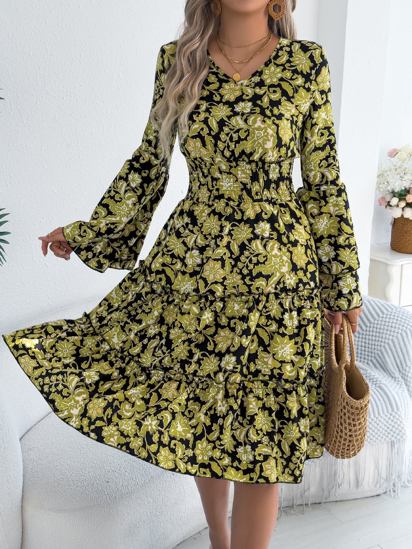 Women Clothing Spring Summer Retro Trumpet Sleeve Wooden Ear Waist A Line Dress by Ragazza