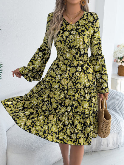 Women Clothing Spring Summer Retro Trumpet Sleeve Wooden Ear Waist A Line Dress by Ragazza