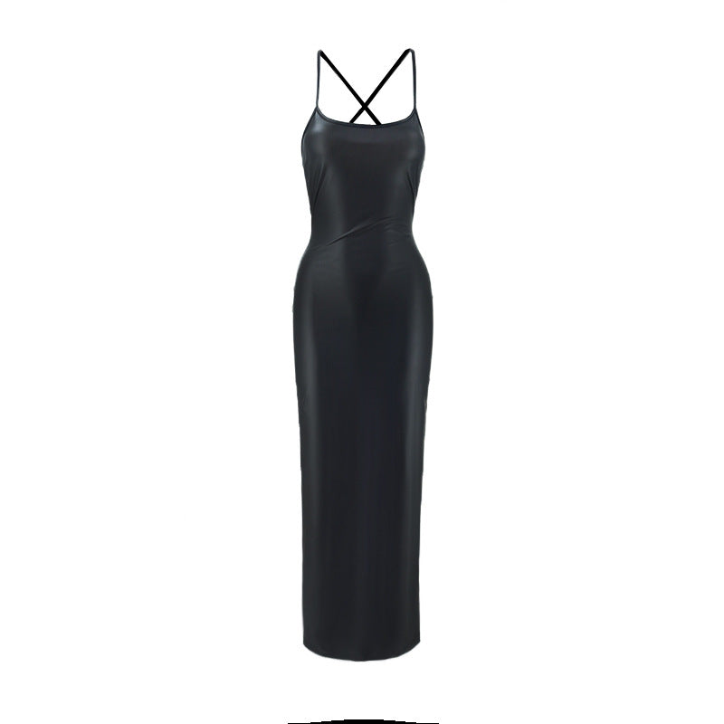 Women Clothing Sexy Faux Leather Sexy U Neck Cross Lace-up Backless Sheath Maxi Dress by Ragazza