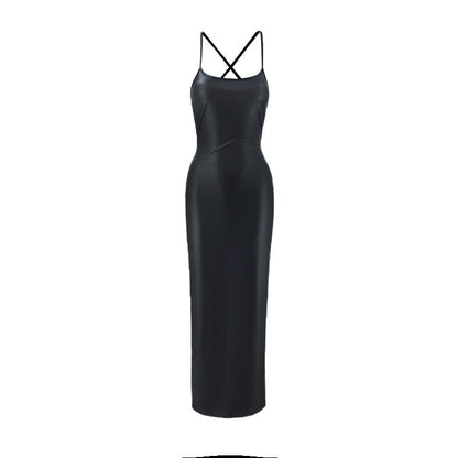 Women Clothing Sexy Faux Leather Sexy U Neck Cross Lace-up Backless Sheath Maxi Dress by Ragazza