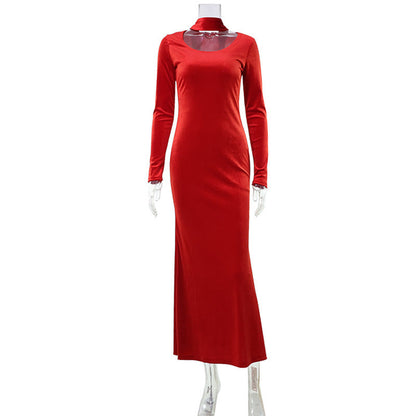 Autumn Winter Long Sleeves Hepburn Socialite with Scarf Slim Fit Red Long Formal Dress Women by Ragazza