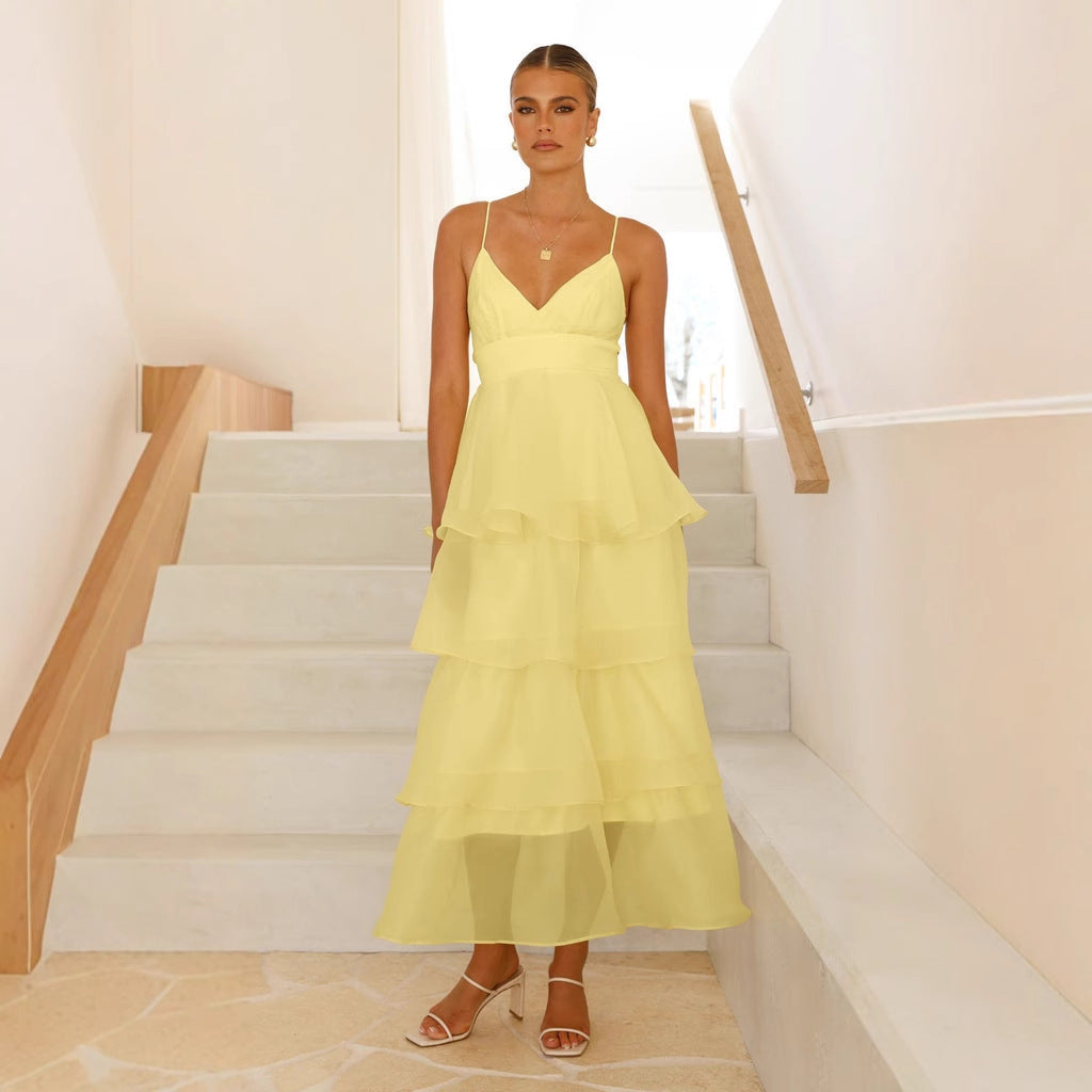 Sexy Backless Spaghetti Straps Cake Pleated Lace up Evening Party Dress Slim Fit Dress Women by Ragazza