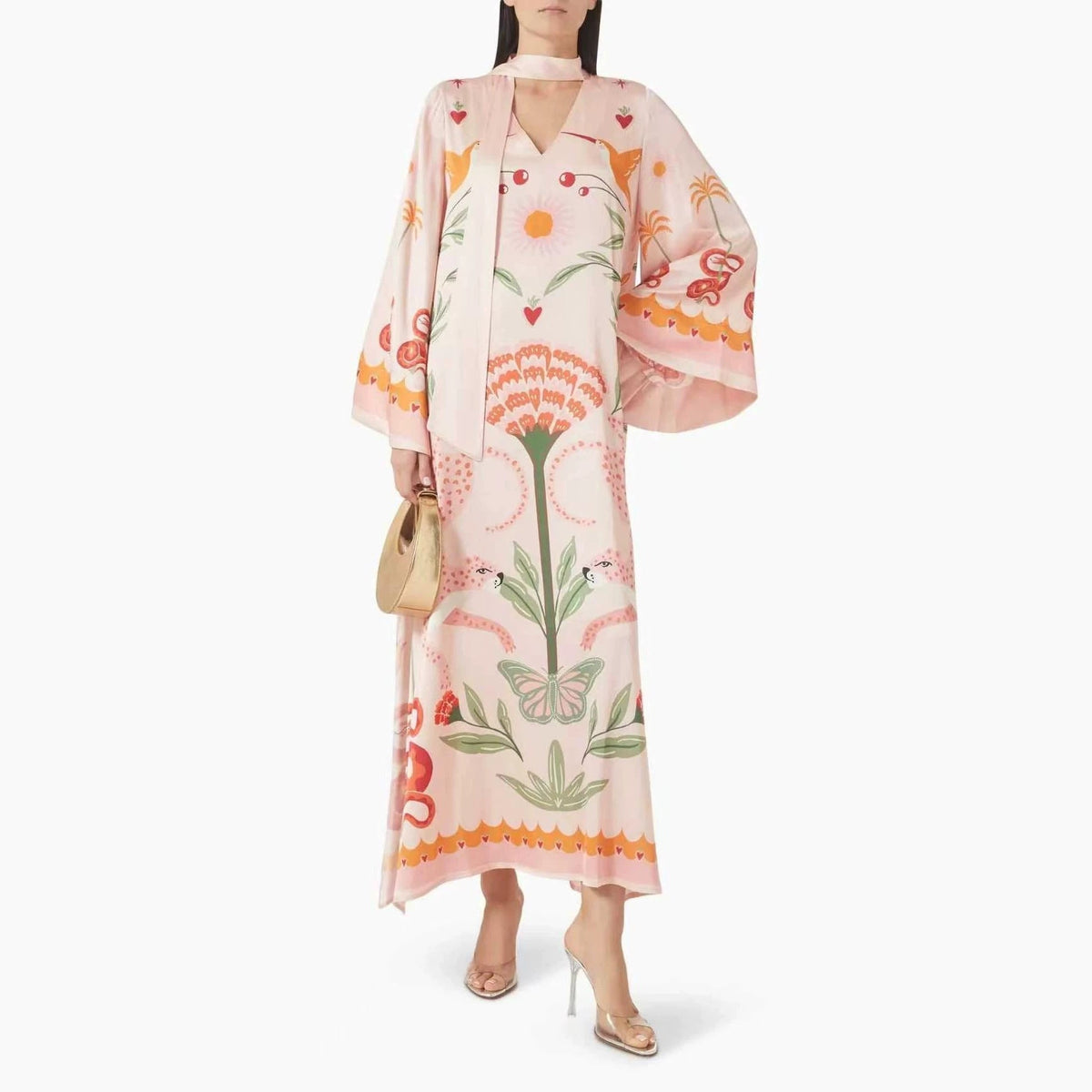 Spring Summer Satin Positioning Printed Dress Loose Streamer Long Sleeve Dress  DestGlow