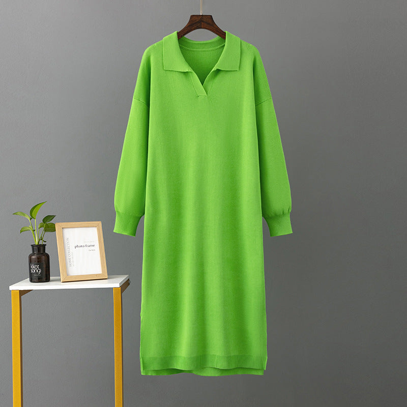 Autumn Winter Polo Collar Base Knitting Loose Solid Color Women Dress by Ragazza