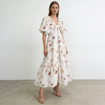 French Pastoral Dress Deep V Plunge neck Puff Sleeve High Waist A line Large Printed Maxi Dress  DestGlow