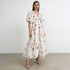 French Pastoral Dress Deep V Plunge neck Puff Sleeve High Waist A line Large Printed Maxi Dress  DestGlow