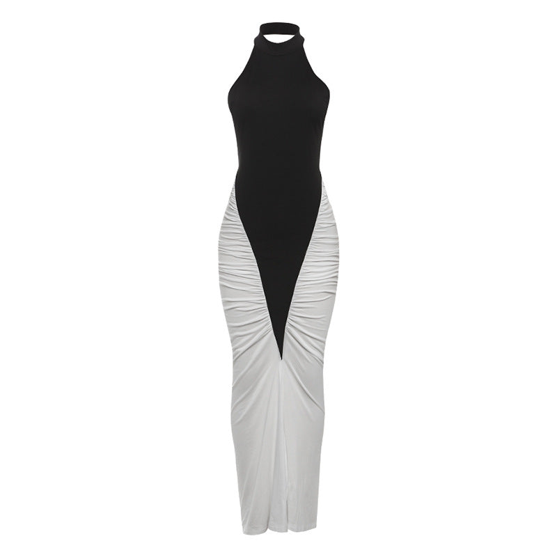 Summer Women Clothing Sexy Halter Backless Pleated Contrast Color Slim Fit Sheath Dress by Ragazza