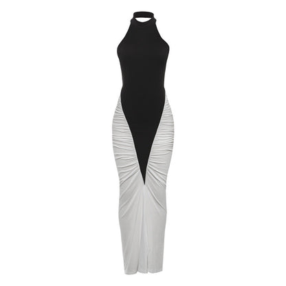 Summer Women Clothing Sexy Halter Backless Pleated Contrast Color Slim Fit Sheath Dress by Ragazza