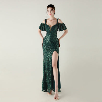 Bead Tube Sequin Heavy Industry Evening Dress Short Sleeve off the Shoulder Deep V Plunge High Slit Fishtail Dress Cocktail Socialite by Ragazza