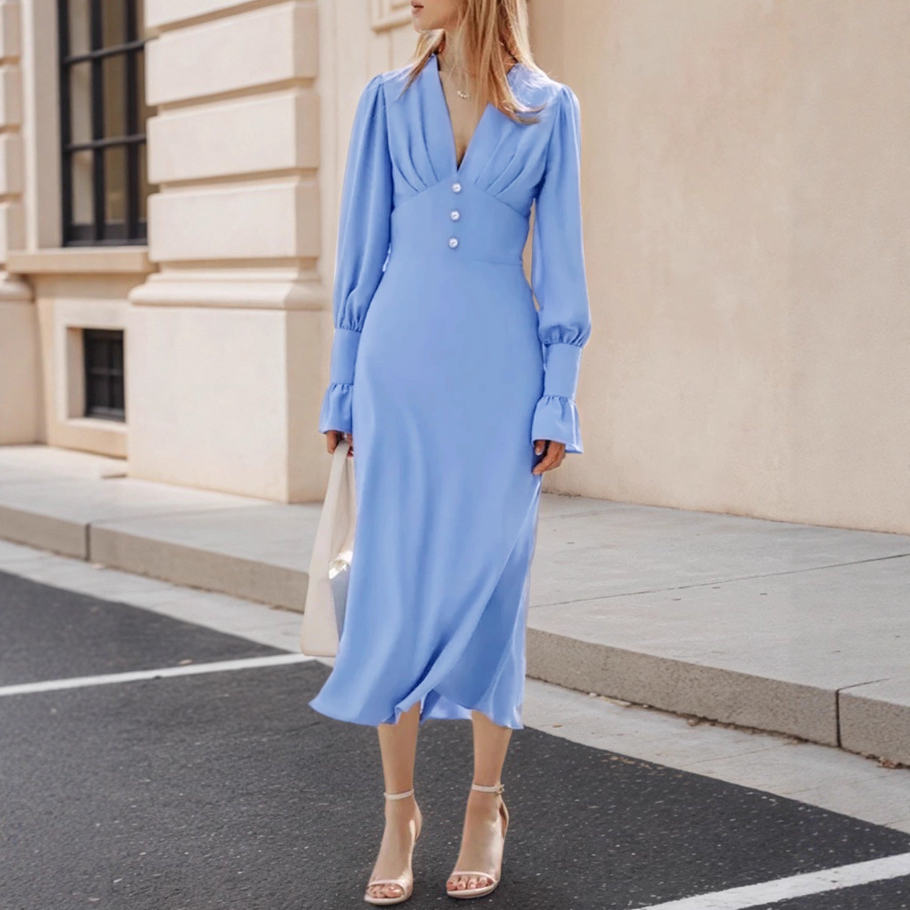 Elegant Office Pleated Deep V Plunge neck Button Decorative Waist Tight Lantern Sleeve Elegant A line Dress by Ragazza