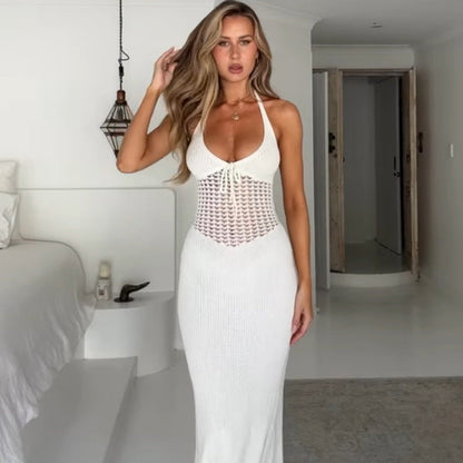 Spring Women Clothing Halter Sexy Low Cut Backless Knitted Hollow Out Cutout Out See Through Dress by Ragazza