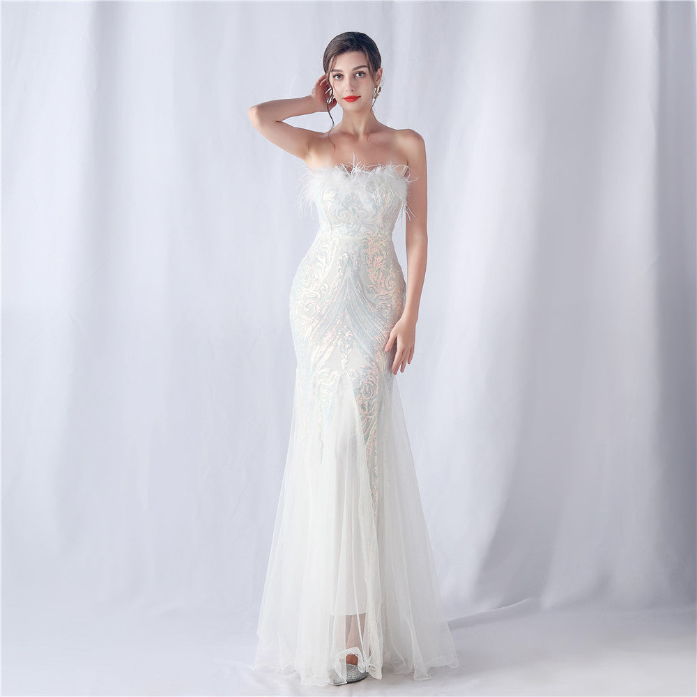 Ostrich Feather Positioning Floral Cutting Wedding Annual Meeting Tube Top Sequin Gauze Evening Dress by Ragazza