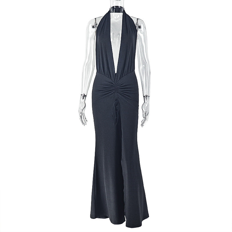 Women Clothing Split Solid Color Backless Hip Dress Sexy Deep V Plunge neck Halter Wrapped Chest Maxi Dress
