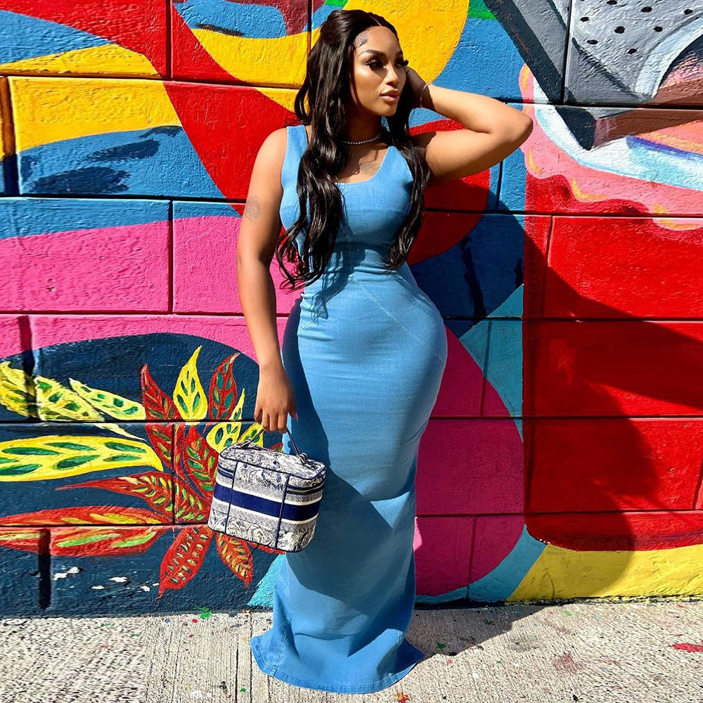 Denim Women Wear Spring Summer Sexy Backless Zipper High Elastic Split Dress for Women by Ragazza
