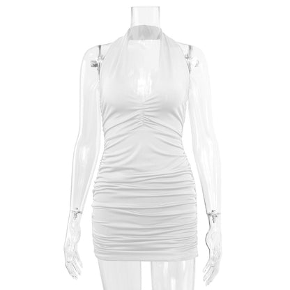 Summer New Women Clothing V-neck Halter Backless off-Shoulder Sexy Minimalist Pleated Dress by Ragazza