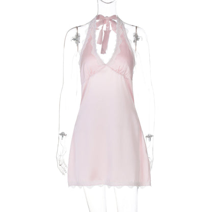 French Fashionable Women Clothing Sexy Hollow Out Cutout out Backless Deep V Plunge Stitching Lace Trim Short Halter Dress by Ragazza