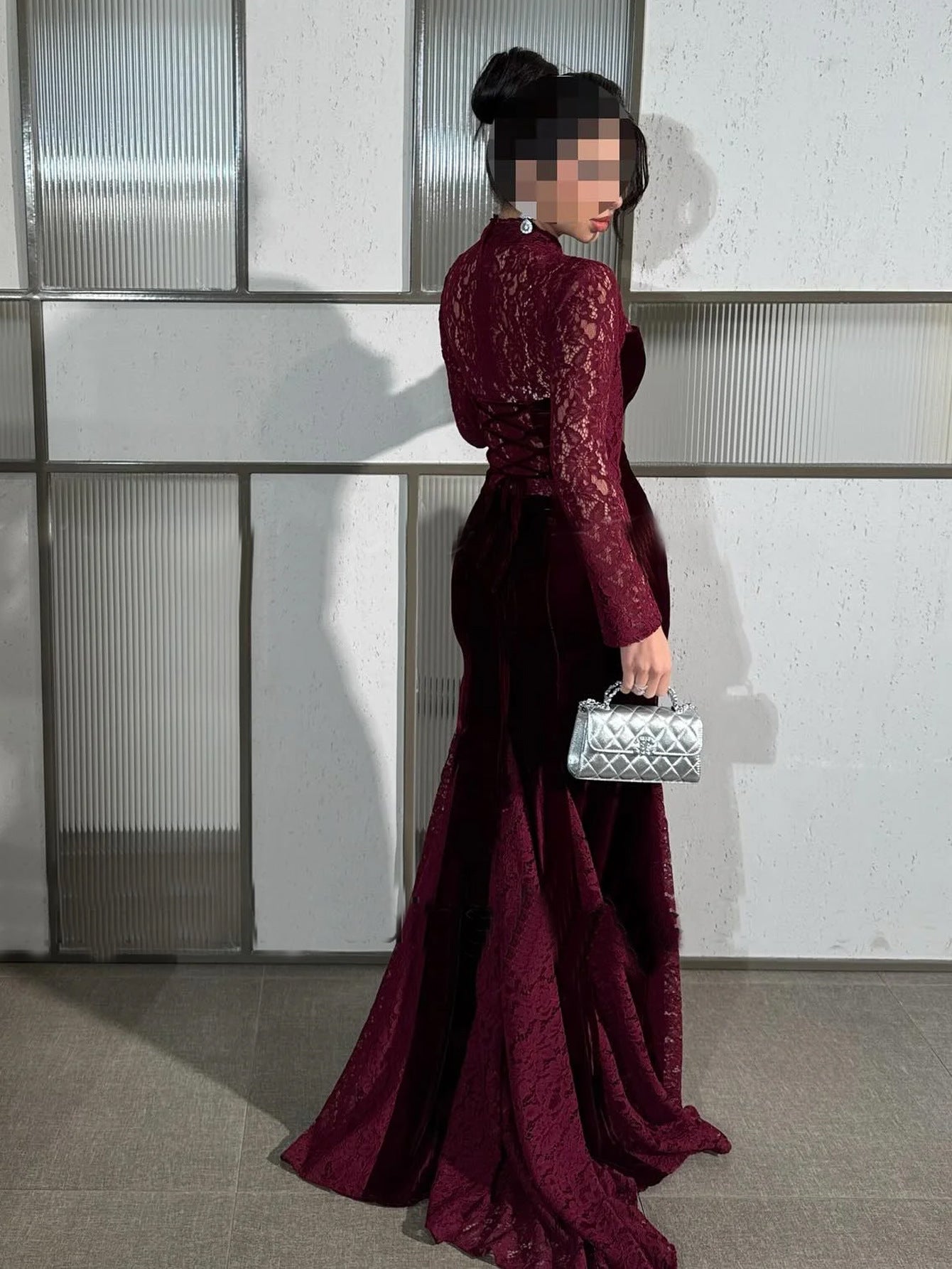 Wine Red Lace Long Sleeve Fishtail Evening Dress Autumn Winter Toast Dress Engagement Dress  DestGlow