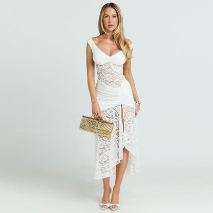 Summer Sexy Lace Hollow Out Cutout out Stitching Spaghetti Straps Slimming Split Dress by Ragazza