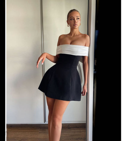 Spring Summer off Shoulder Black White Contrast Color Tight Waist a Swing Design Bow Dress by Ragazza