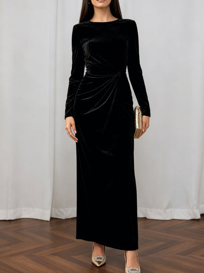 Light Luxury Matte Velvet Maxi Dress Long Sleeve round Neck Twisted Waist Flab Hiding Cocktail Dress  DestGlow