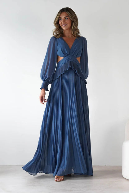 Women Long Sleeve Pleated Waist Tight Backless Dress  DestGlow