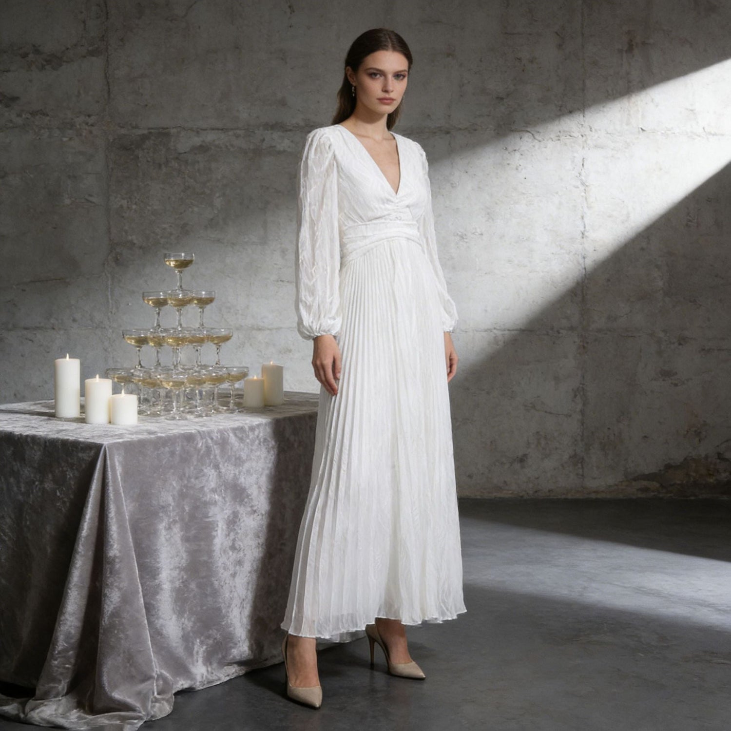 Spring Deep V Plunge neck Lantern Sleeve Maxi Dress Tight Waist Slimming Pleated Design Dress for Women by Ragazza