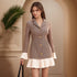 Autumn Winter Nipped Waist Plaid Color Matching Pleated Waist Tight Design Elegant Pleated Business Blazers Dress by Ragazza