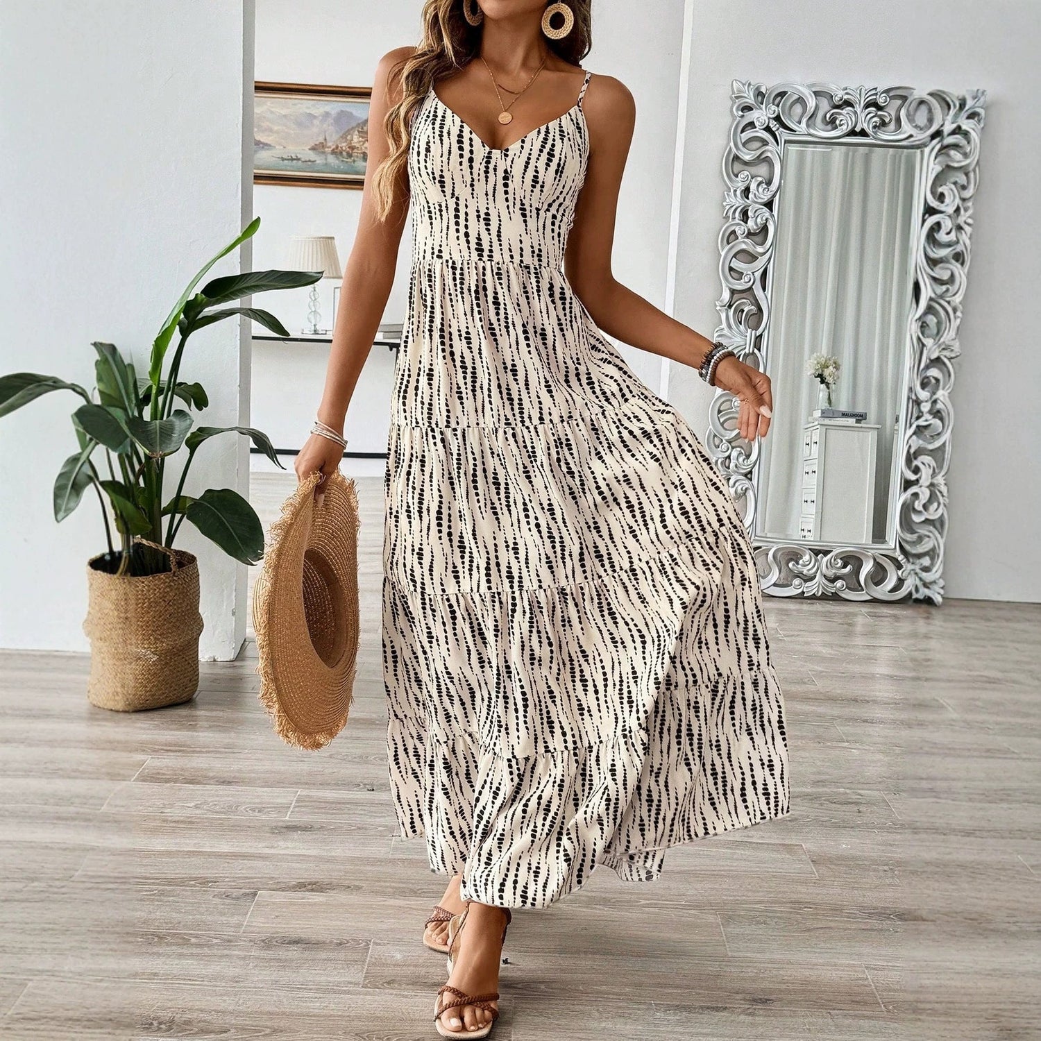 Summer Strap Backless Lace up Dress Striped Design Waist Slimming Vacation Dress  DestGlow