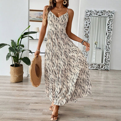 Summer Strap Backless Lace up Dress Striped Design Waist Slimming Vacation Dress  DestGlow