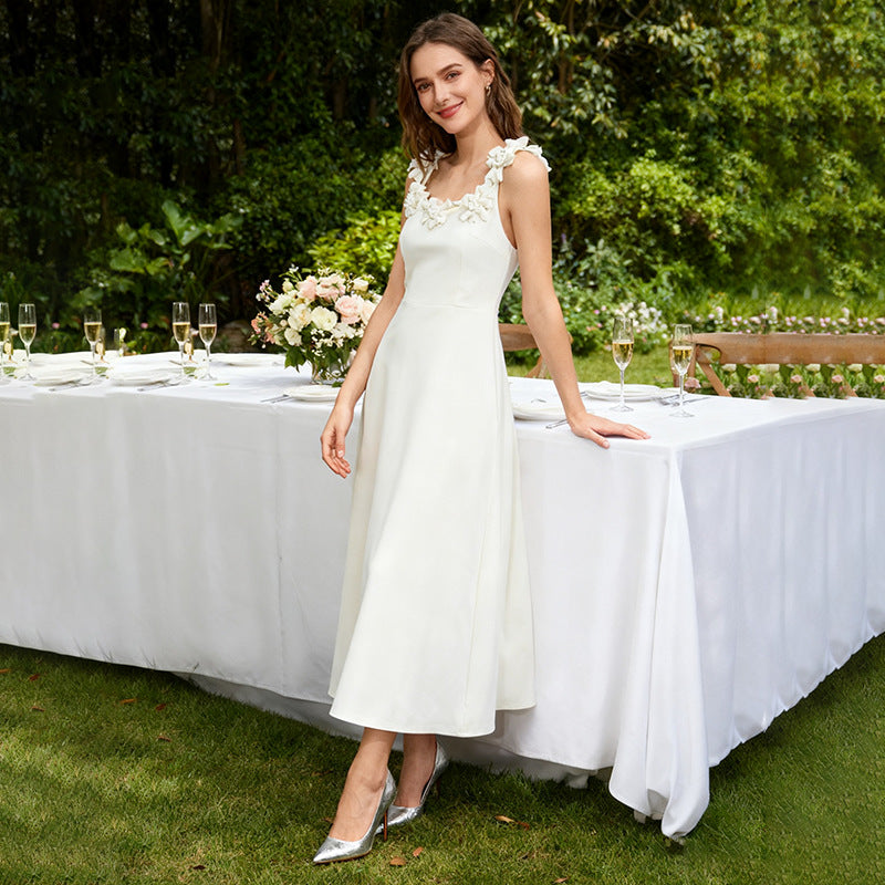 Fall Elegant Elegant Sweet Heavy Industry Three Dimensional Floral Long Patchwork Strap Dress for Women by Ragazza