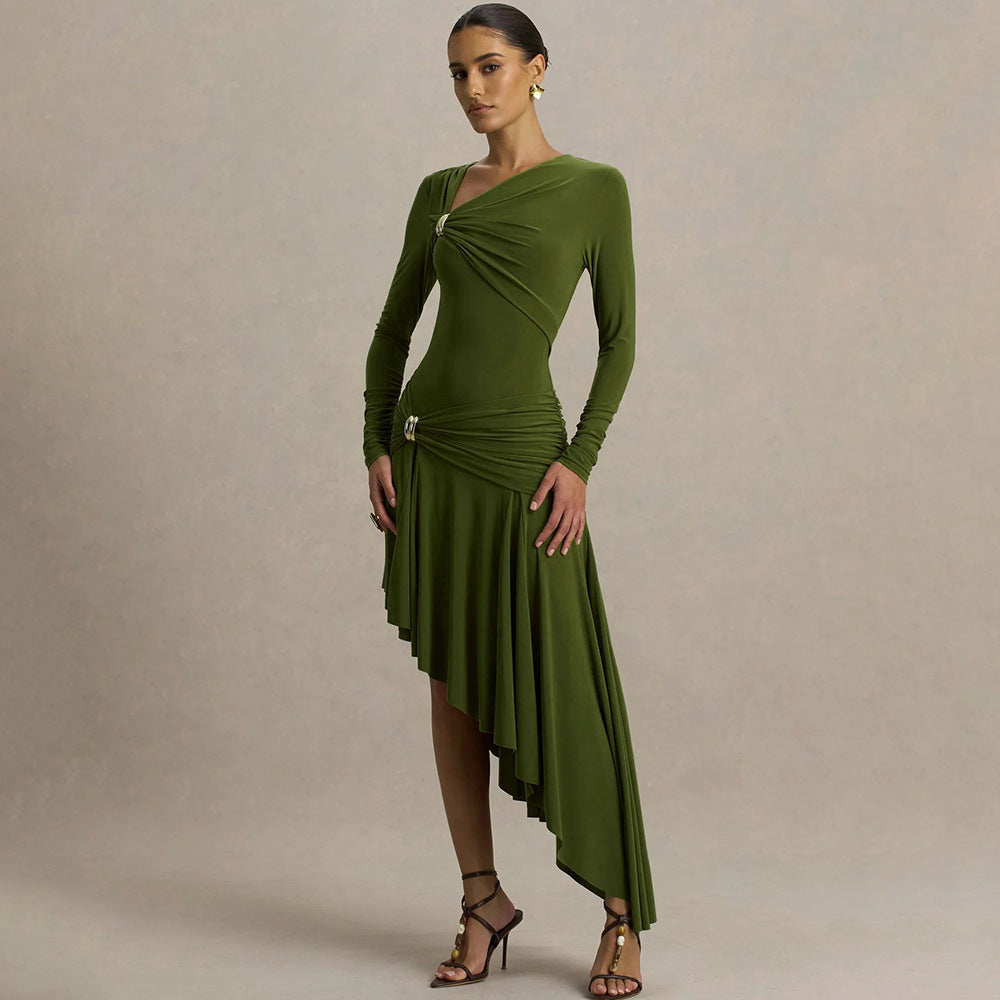 Autumn Winter Graceful Fashionable Women Slim Dress Sexy Pleated Irregular Asymmetric Maxi Dress by Ragazza