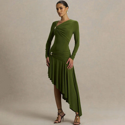 Autumn Winter Graceful Fashionable Women Slim Dress Sexy Pleated Irregular Asymmetric Maxi Dress by Ragazza