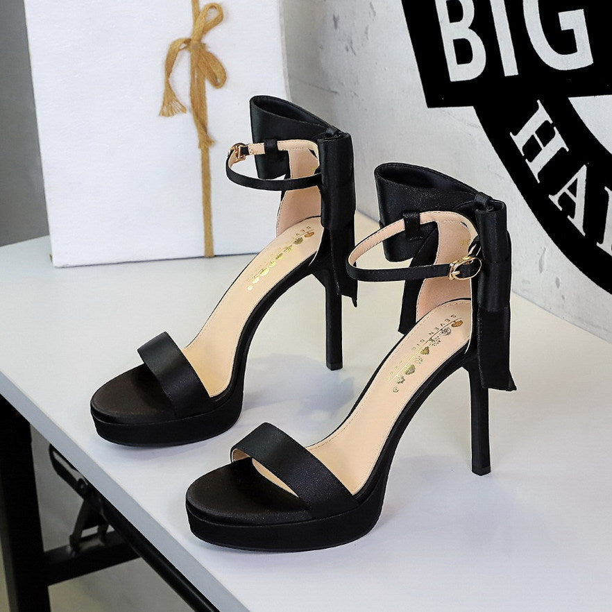 French Super High Heel Open Toe Platform with Back Big Bow Satin Outdoor Sandals Women  DestGlow