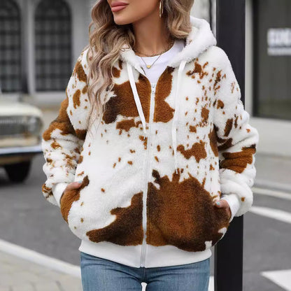 Flash Velvet Autumn Winter Women Clothing Hooded Zipper Plush Printed Cardigan by Ragazza