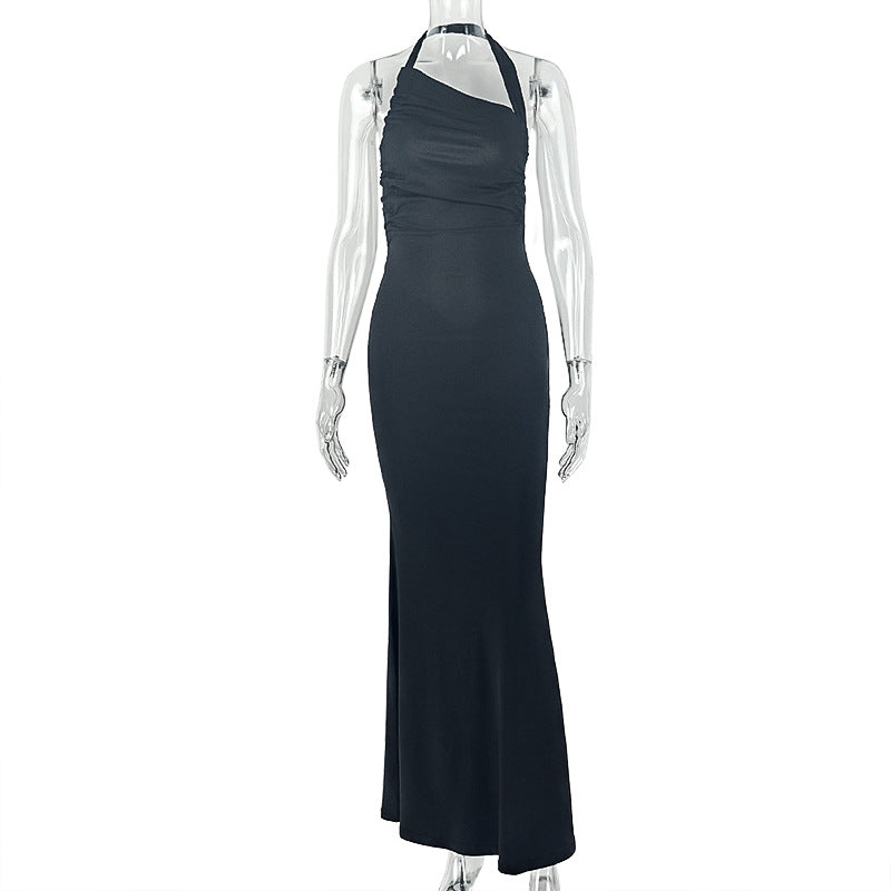 Low Waist Women Halter Diagonal Collar Bag Hip Dress Daily Hiking Backless Solid Color Maxi Dress  DestGlow