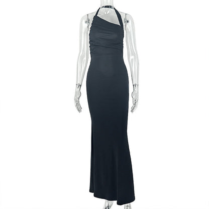 Low Waist Women Halter Diagonal Collar Bag Hip Dress Daily Hiking Backless Solid Color Maxi Dress  DestGlow