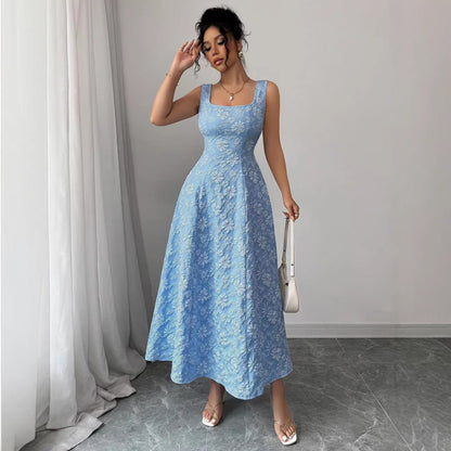 Popular Summer Vest Pullover Square Collar Jacquard Floral Swing Elegant Dress by Ragazza