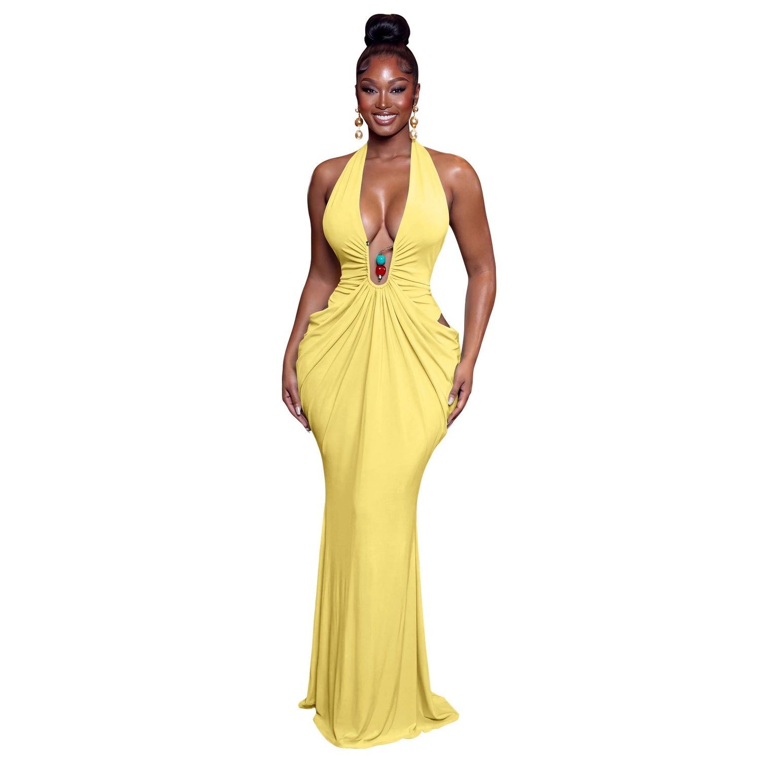 Women Clothing Elegant Halter V neck Sexy Backless Lace up Pleated Maxi Dress  DestGlow