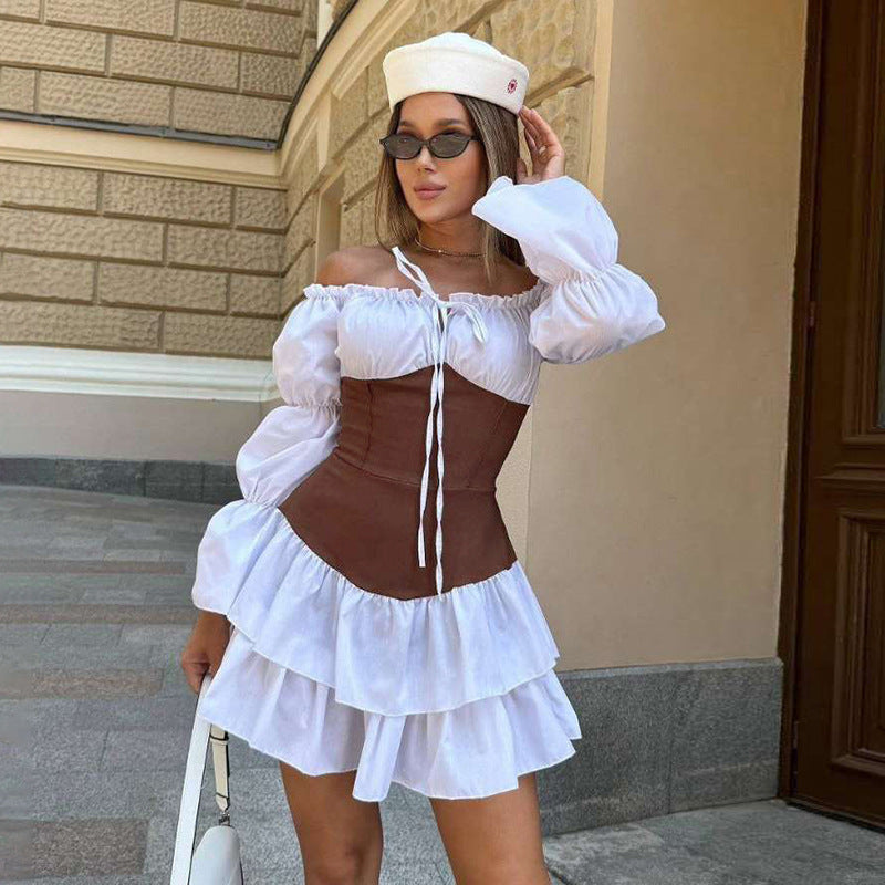 Fall Women Clothing Sexy Contrast Color off Shoulder Slim Fit Slimming Puff Sleeve Dress by Ragazza