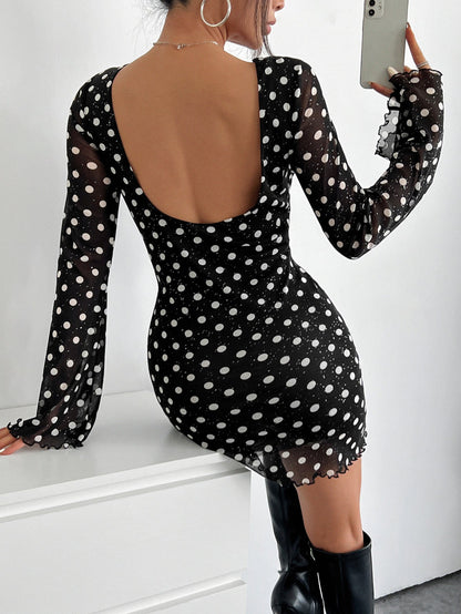 Elegant Mesh Polka Dot Printed round Neck Backless Long Sleeves Dress by Ragazza