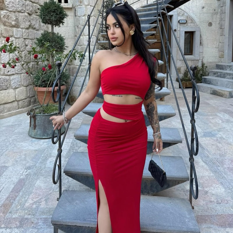 Solid Color Slim Fit Oblique Shoulder Sexy Cutout Sexy Split Irregular Asymmetric Dress by Ragazza