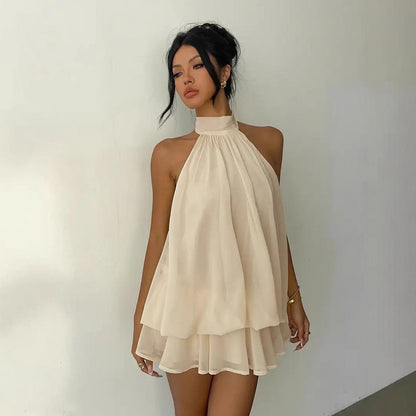 Vacation Figure Flattering Fashionable Sexy Backless Halter Lace Up Waist Trimming Solid Color Dress  DestGlow