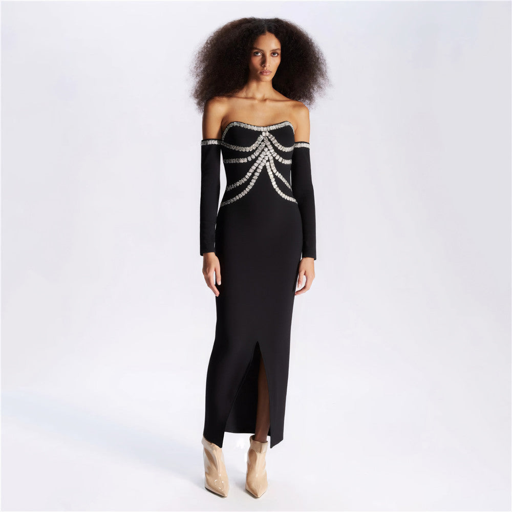 Heavy Industry Beads Rhinestone off-Shoulder Bandage One Piece Dress Party Dinner Tube Top Split Dress by Ragazza