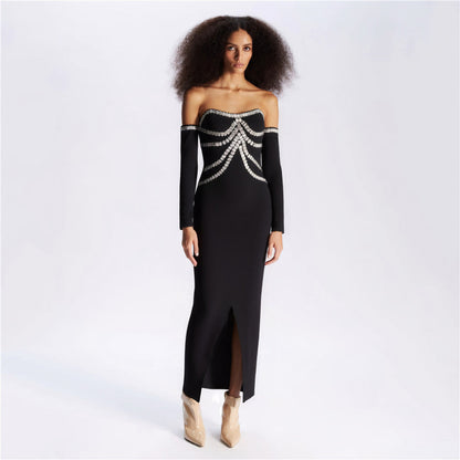 Heavy Industry Beads Rhinestone off-Shoulder Bandage One Piece Dress Party Dinner Tube Top Split Dress by Ragazza