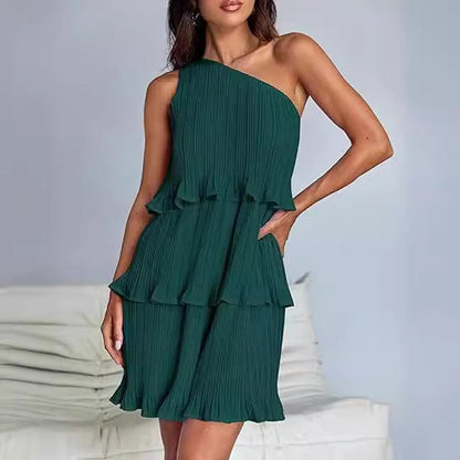 Spring Summer Women Clothing Oblique Shoulder Layered Stitching Hem Solid Color Dress Women by Ragazza
